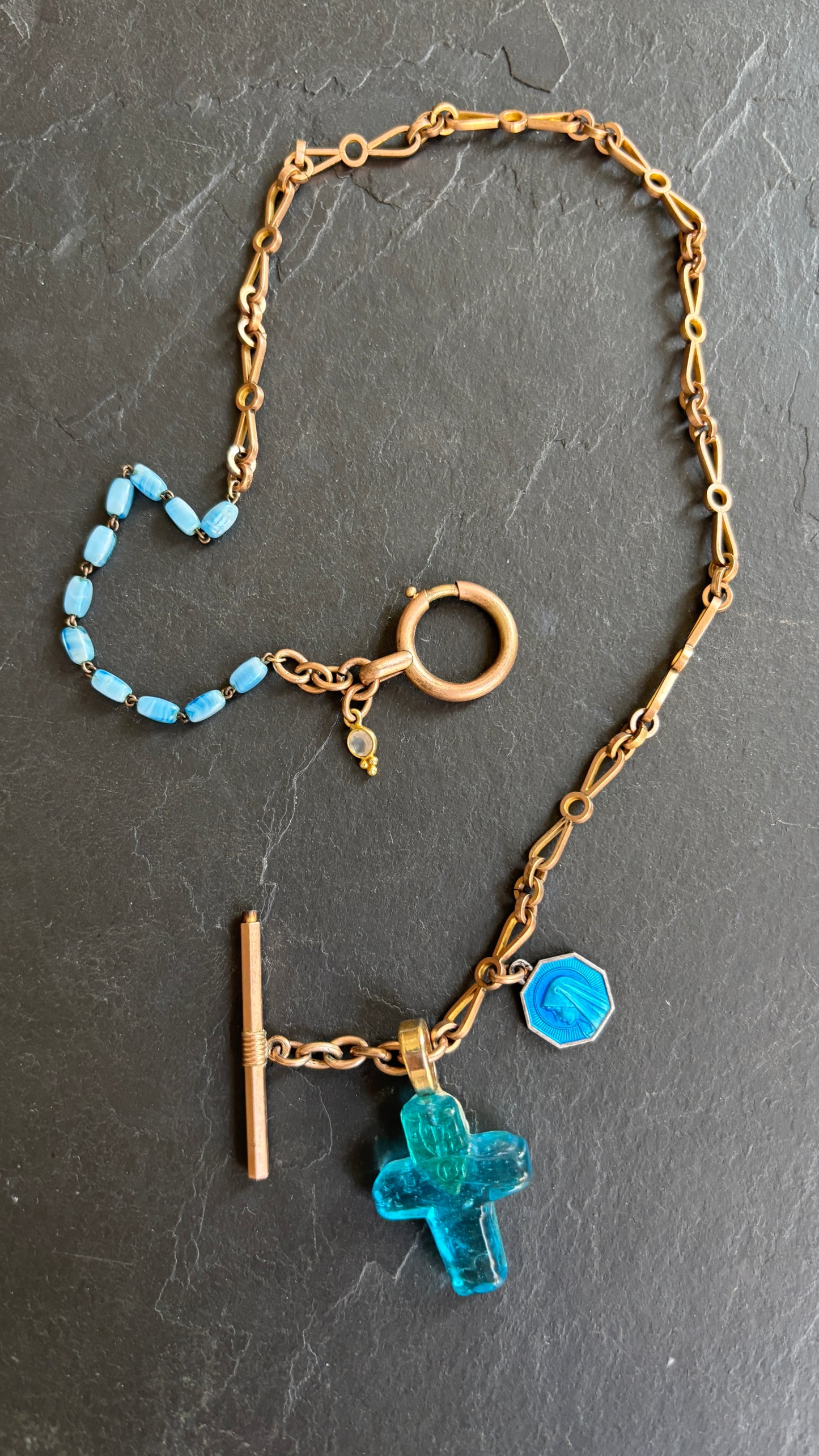 Collier chaîne de montre ancienne, croix et chapelet turquoise - blissparis