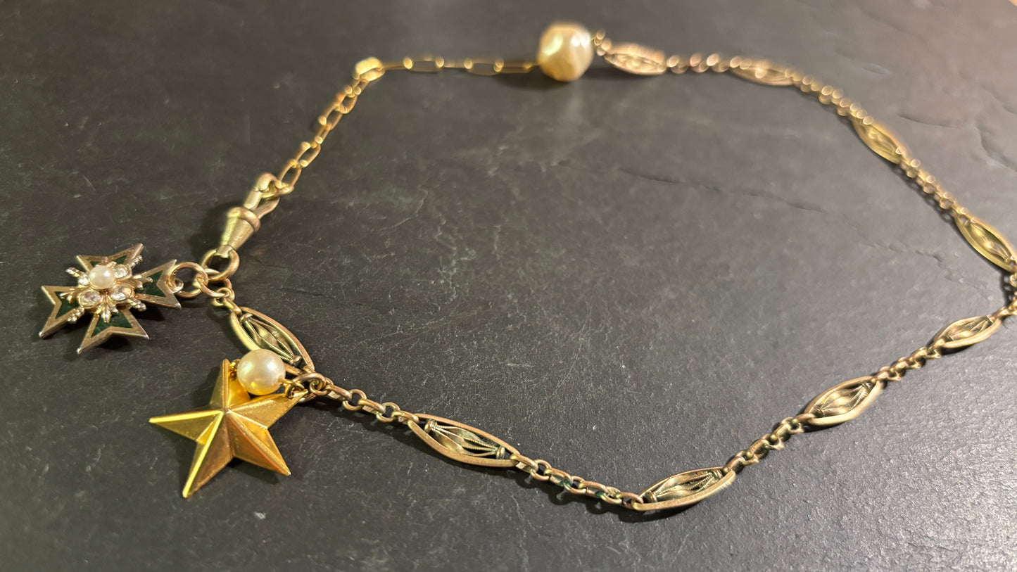 Collier chaîne de montre filigrane, Croix de Malte et étoile