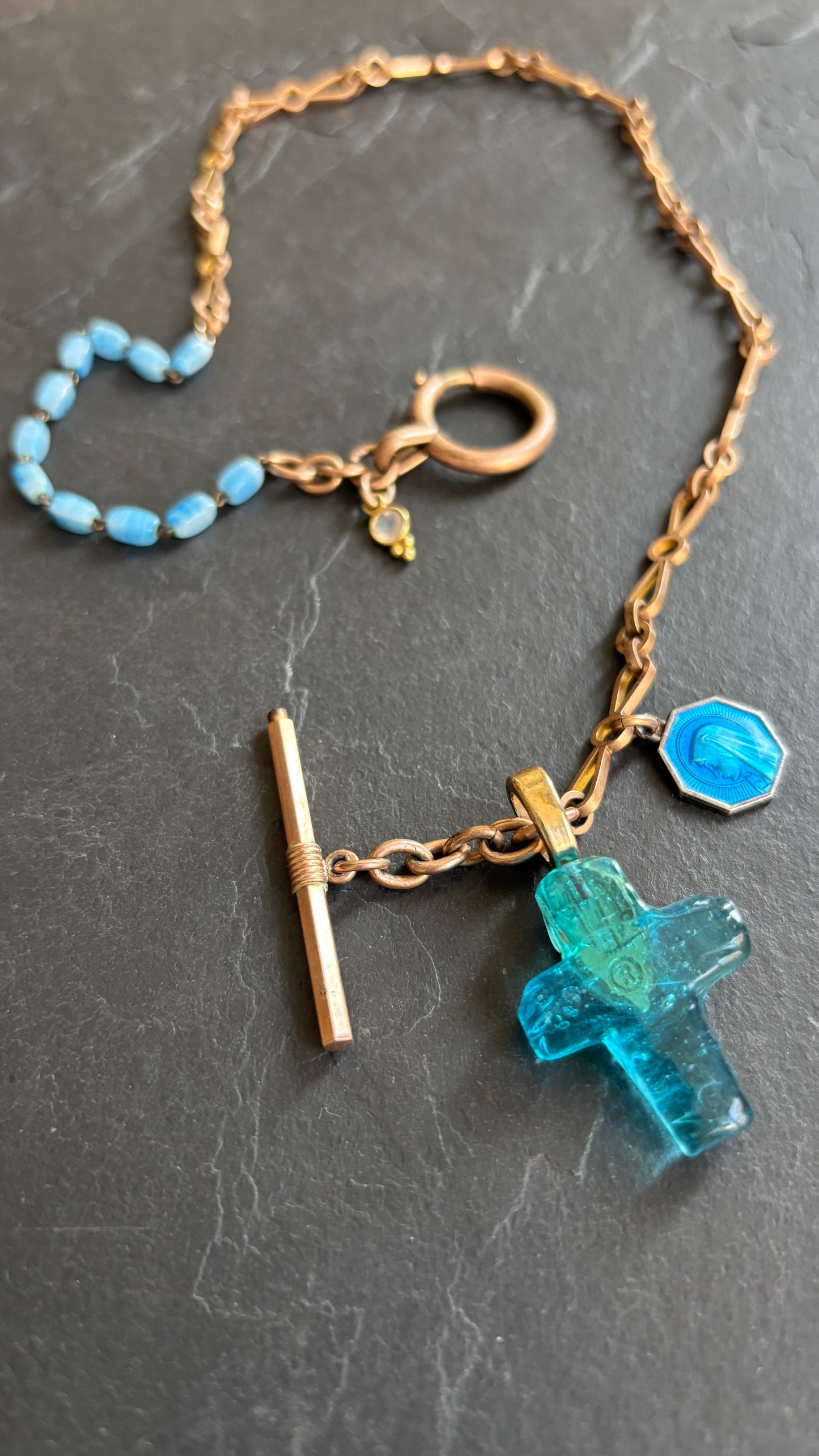 Collier chaîne de montre ancienne, croix et chapelet turquoise - blissparis