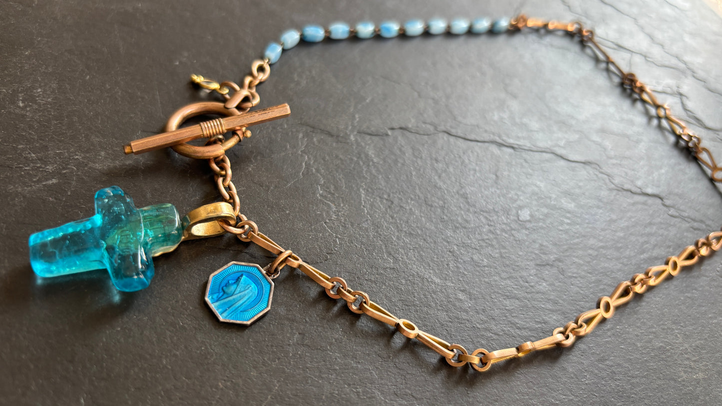 Collier chaîne de montre ancienne, croix et chapelet turquoise - blissparis
