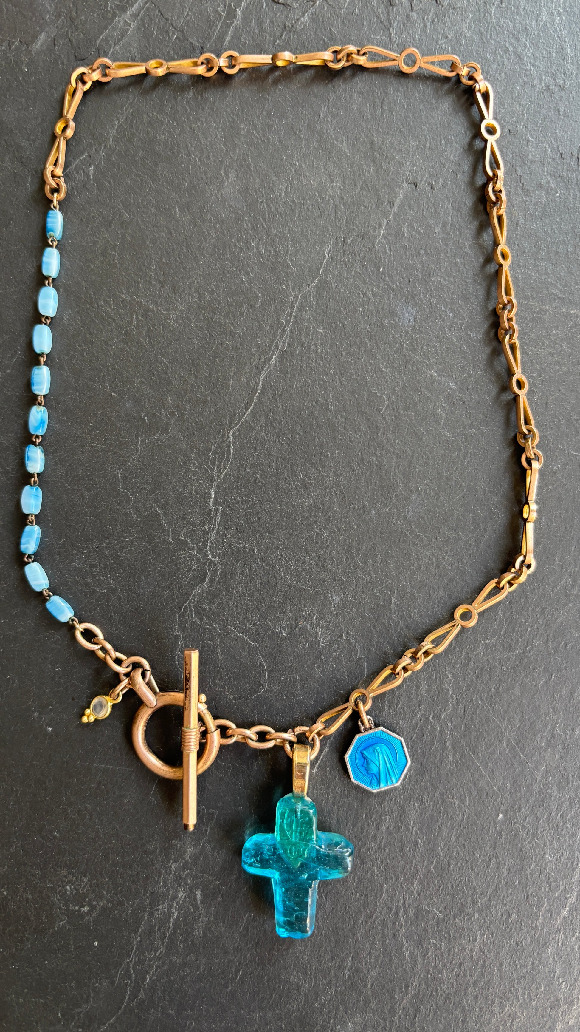 Collier chaîne de montre ancienne, croix et chapelet turquoise - blissparis