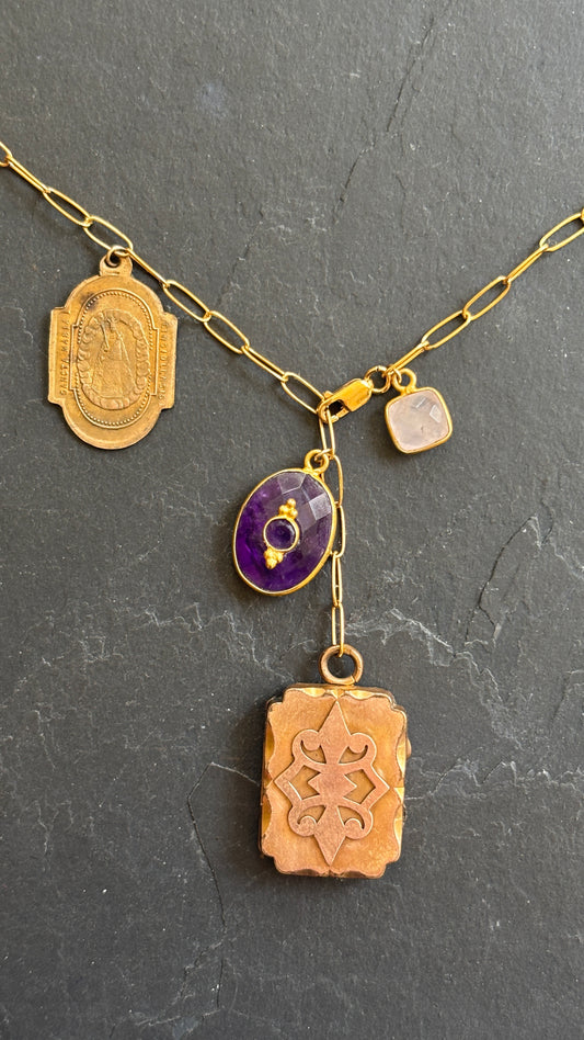 Collier lasso , Améthyste et médaillon à secret ancien