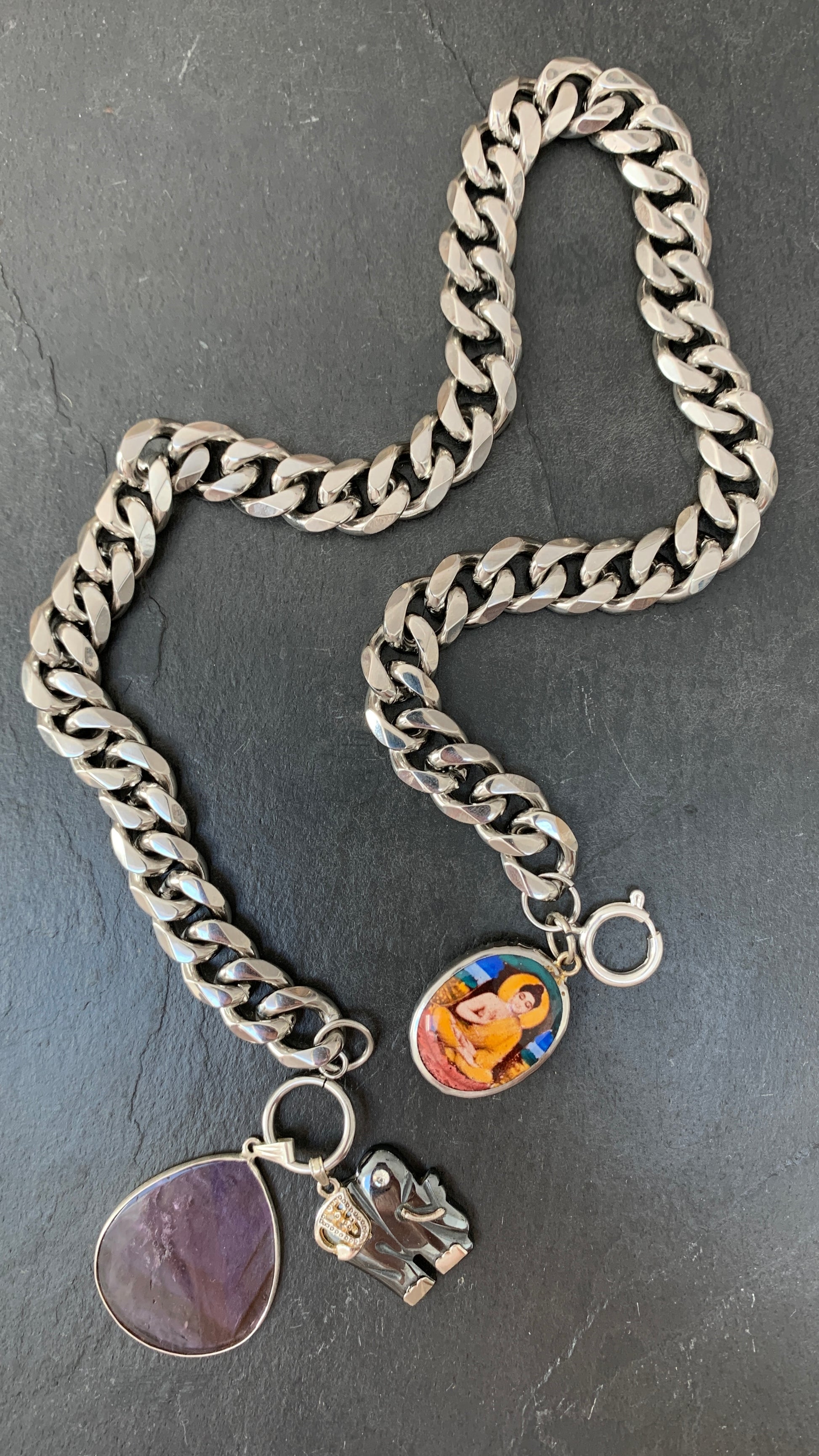 Collier gourmette, améthyste, éléphant et Buddha - blissparis