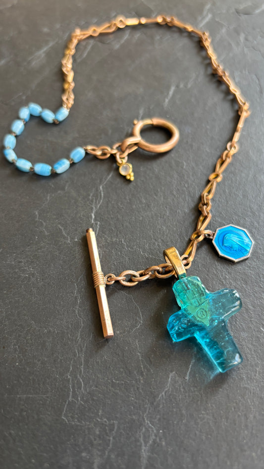Collier chaîne de montre ancienne, croix et chapelet turquoise - blissparis