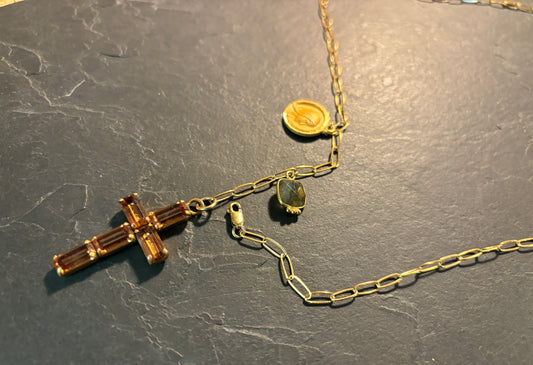 Collier lasso Croix en strass et Labradorite - blissparis
