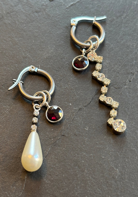 Paire de mini créoles et pendants strass et grenat - blissparis