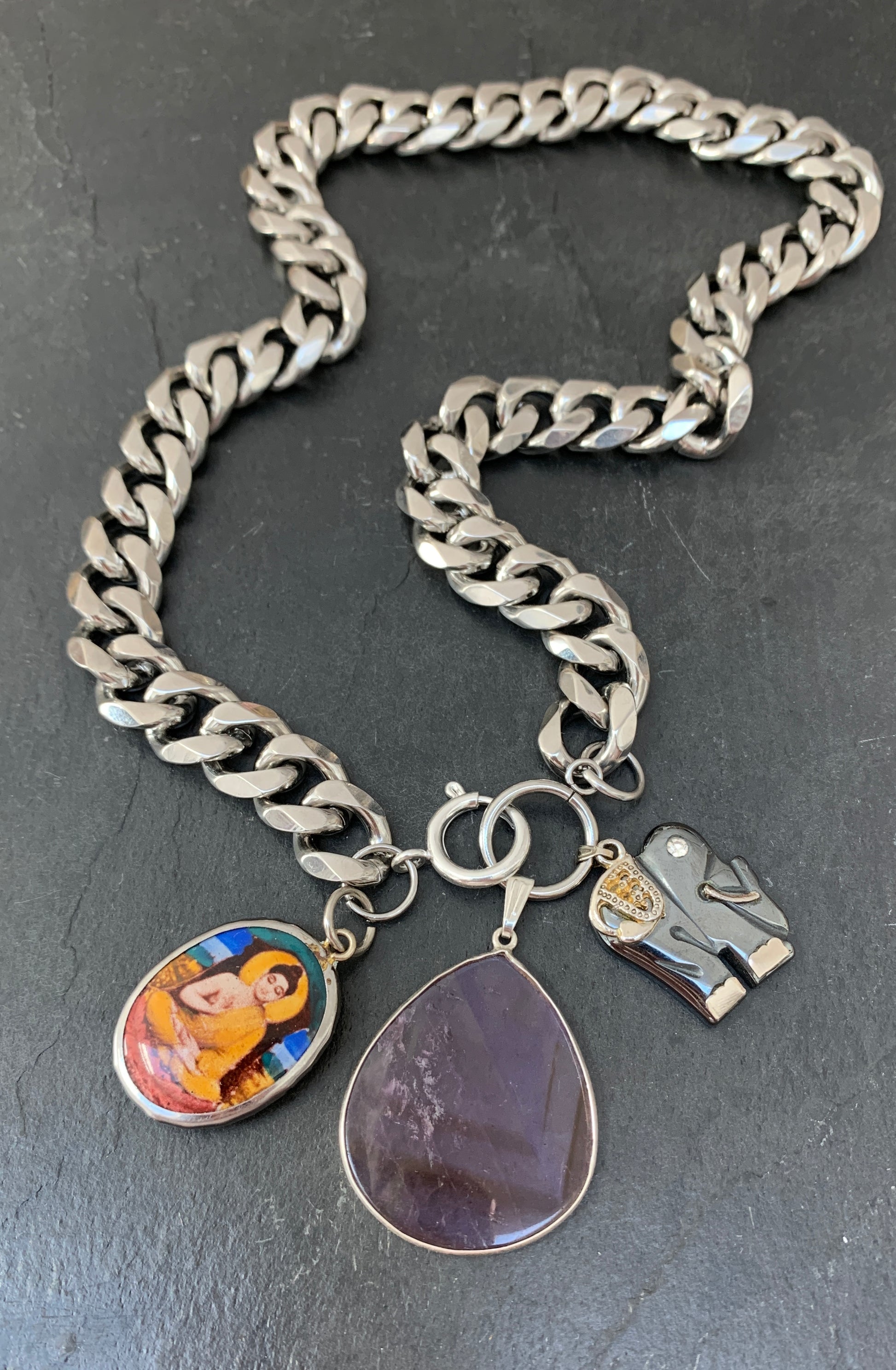 Collier gourmette, améthyste, éléphant et Buddha - blissparis