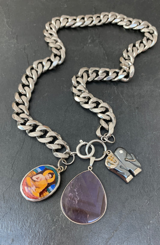 Collier gourmette, améthyste, éléphant et Buddha - blissparis
