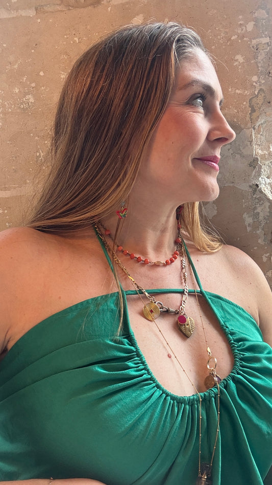 Collier chapelet ancien en corail et quartz pêche - blissparis