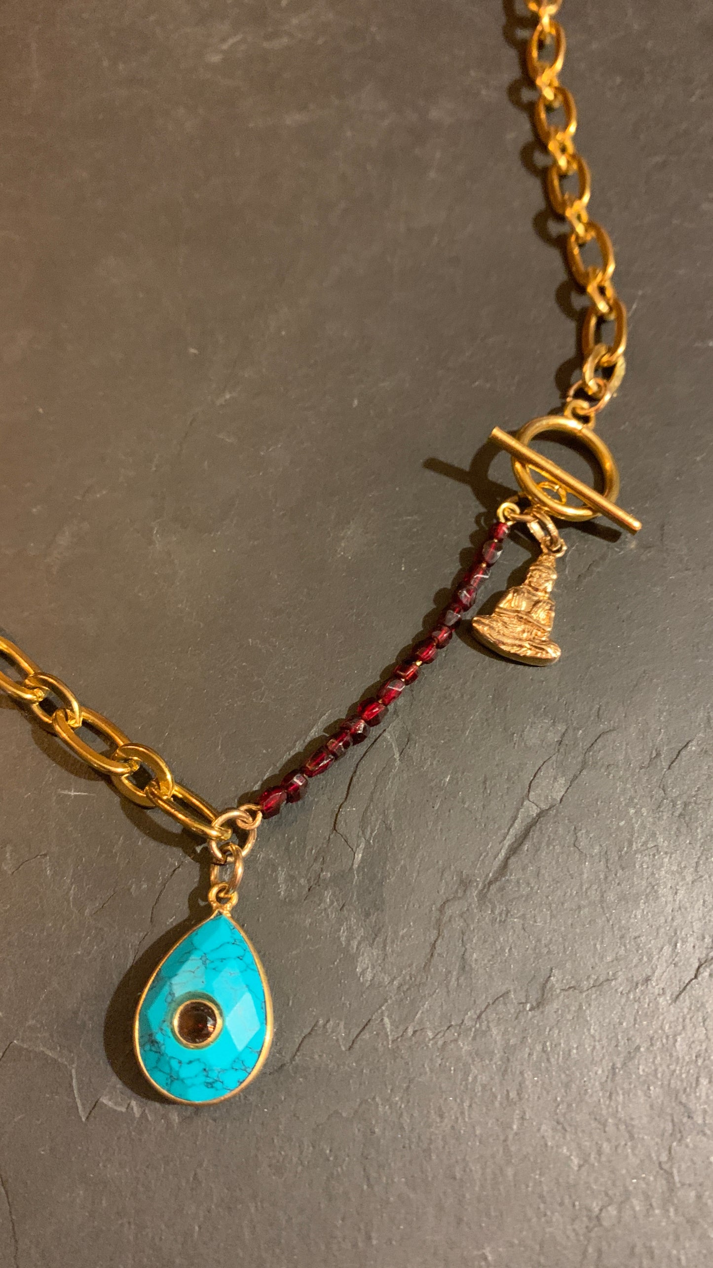Collier grenats, Buddha et turquoise