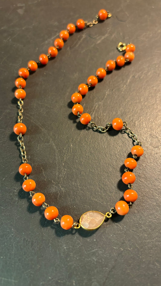 Collier chapelet ancien en corail et quartz pêche - blissparis