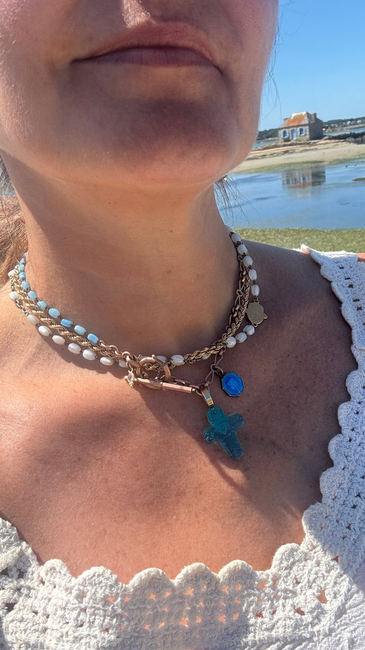 Collier chaîne de montre ancienne, croix et chapelet turquoise - blissparis