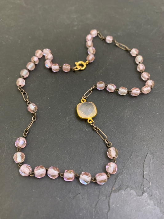 Collier chapelet rose pâle et Quartz rose - blissparis