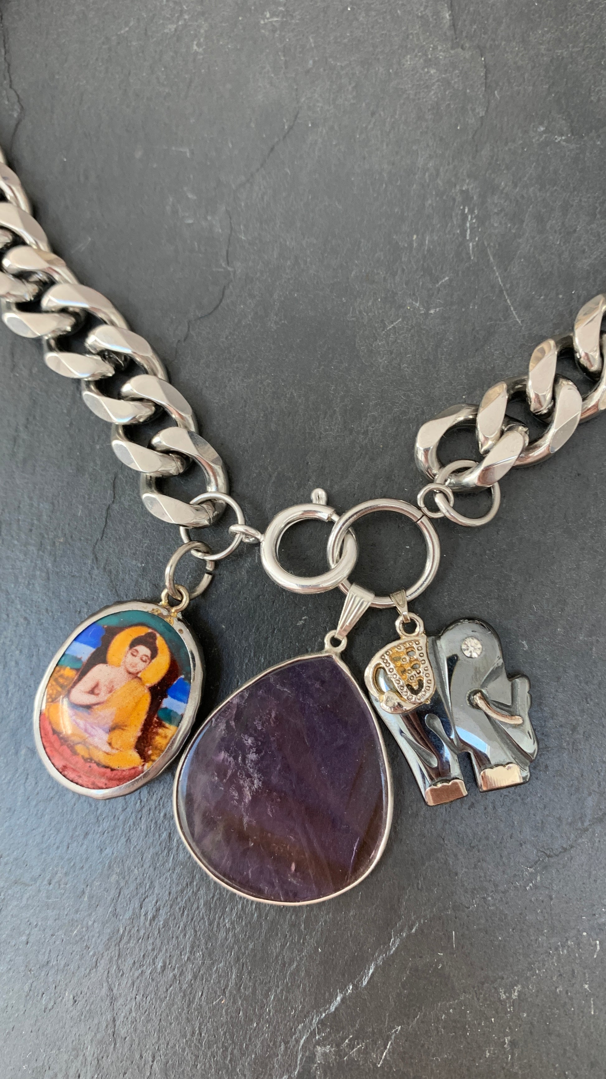 Collier gourmette, améthyste, éléphant et Buddha - blissparis